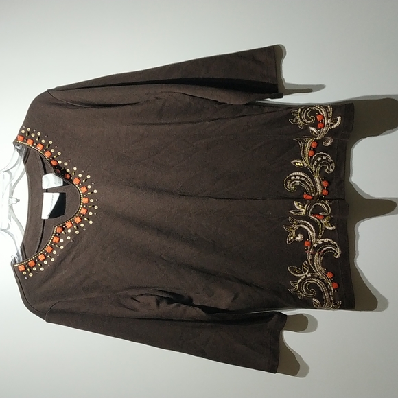 Alfred dunner brown jewel beads embollised quarter sleeve shirt size M - Picture 1 of 7